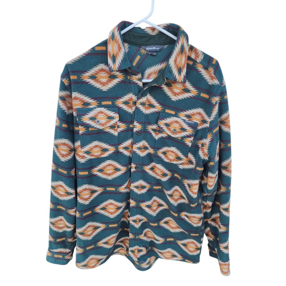 Eddie Bauer Mens Fleece Button Down Shirt Southwestern Teal Orange Geometric M